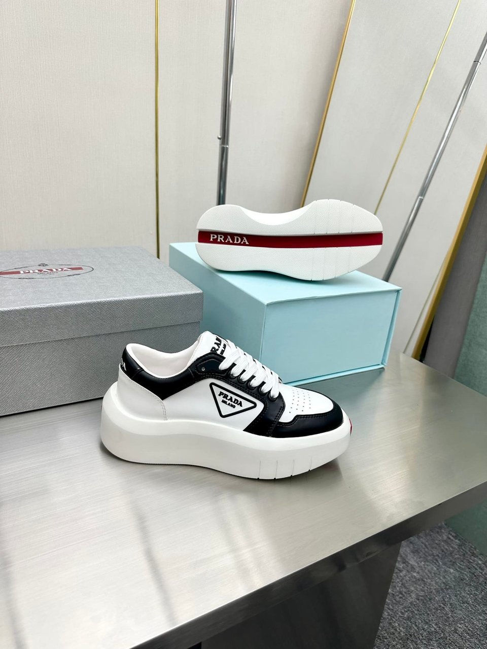 Prada Leather Platform Sneakers White And Black view 4