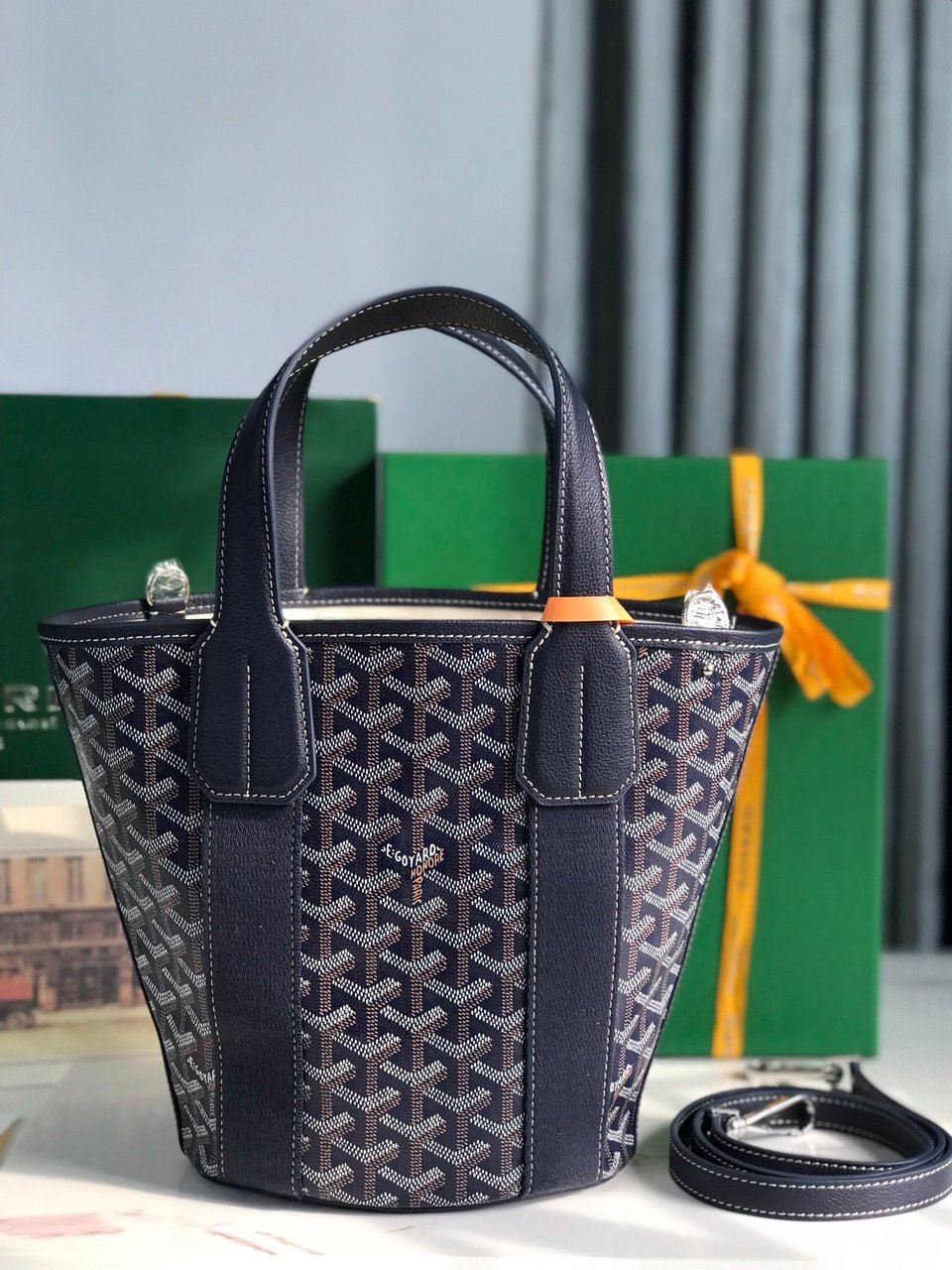 Goyard Small Belharra 24 Cm Navy Blue Goyardine Canvas And Lambskin view 8