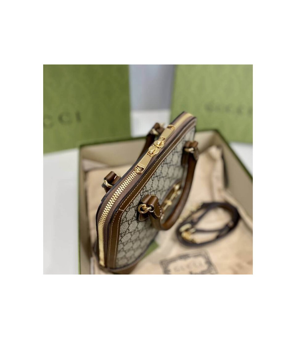 Gucci 1955 Horsebit mall Top Handle Bag In Brown GG Supreme Canvas view 15