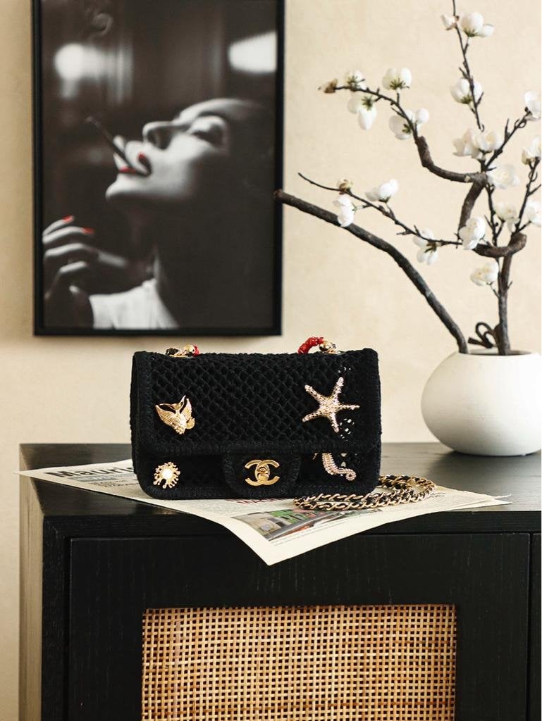Chanel Small Flap Bag Mesh, Charms &amp; Gold-Tone Metal 21cm/8.3in Black AS6156 view 9