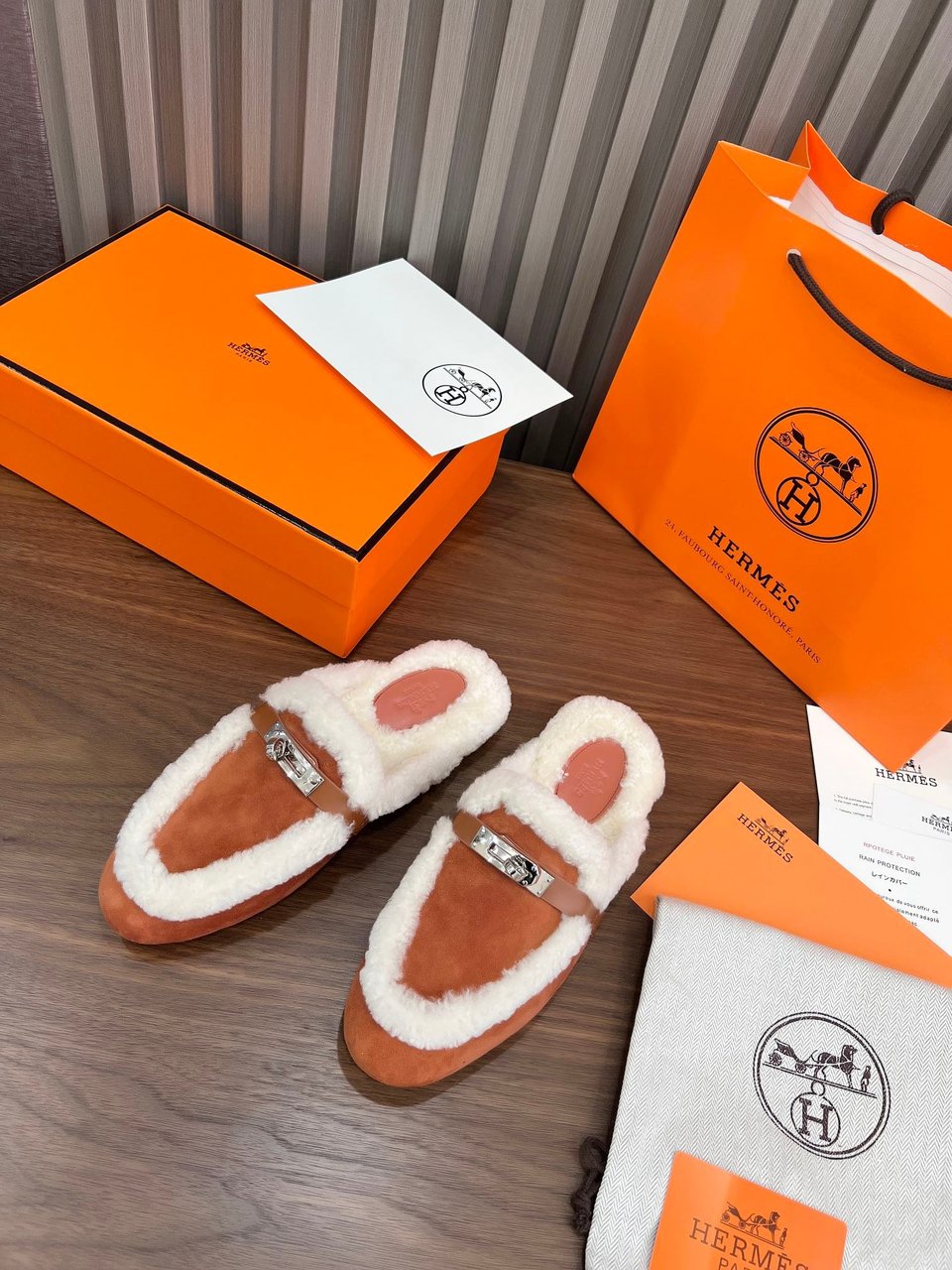 Hermes Oz Mule Shearling Brown White view 11