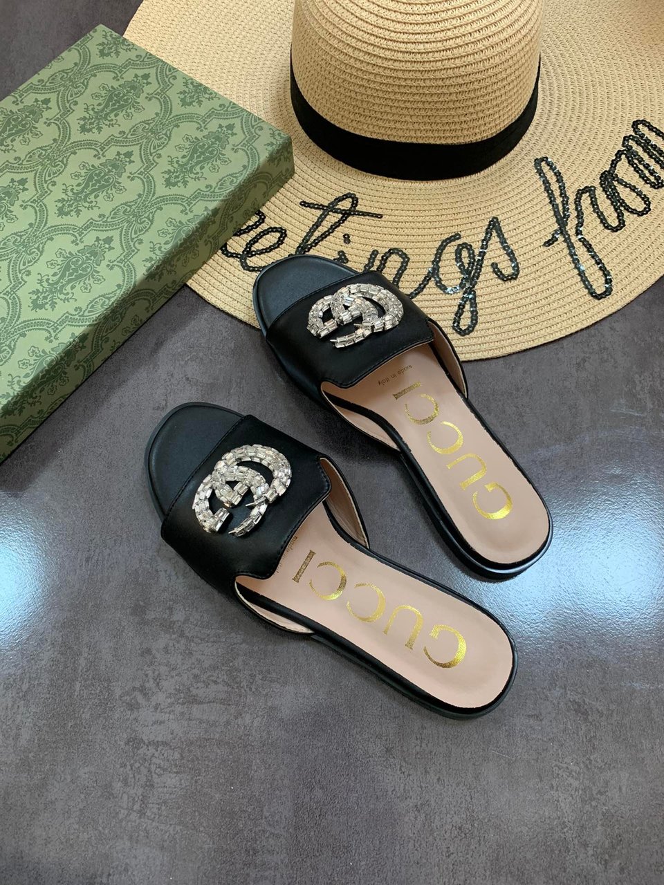 Gucci Double G Slippers Leather Beaded In Black view 4