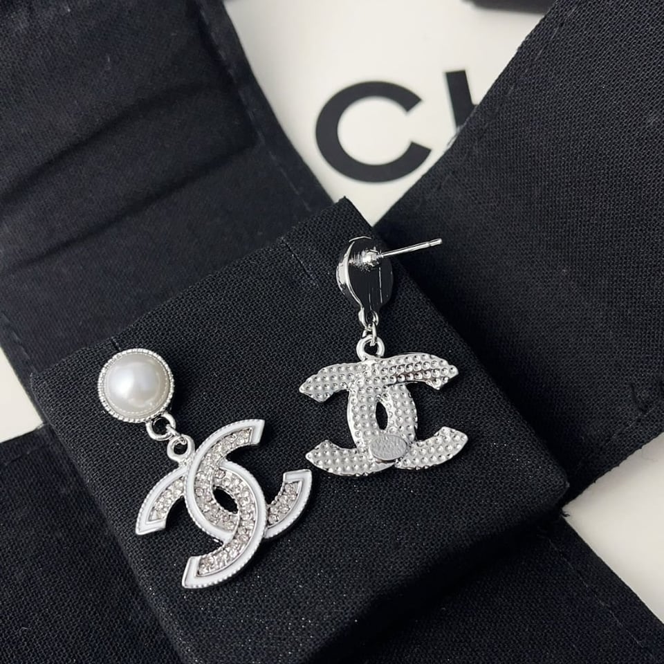 Chanel Double C Pearl Earrings Silver White view 4