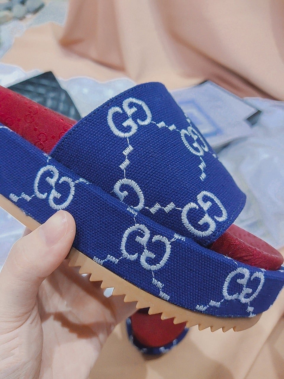 Gucci Women?S With Gg Pattern Slide Sandal Dark Blue view 4