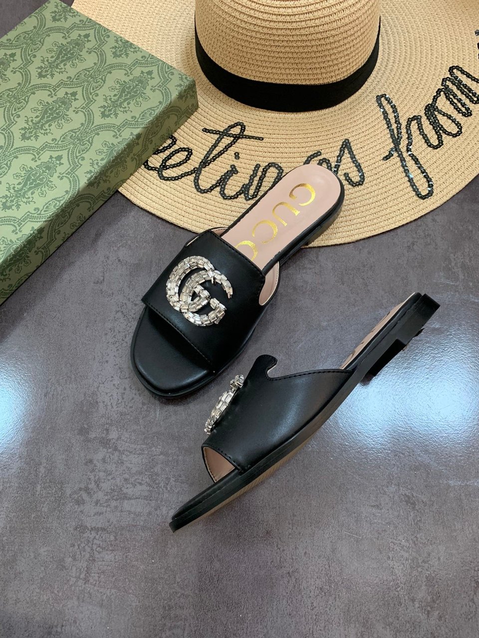 Gucci Double G Slippers Leather Beaded In Black view 3