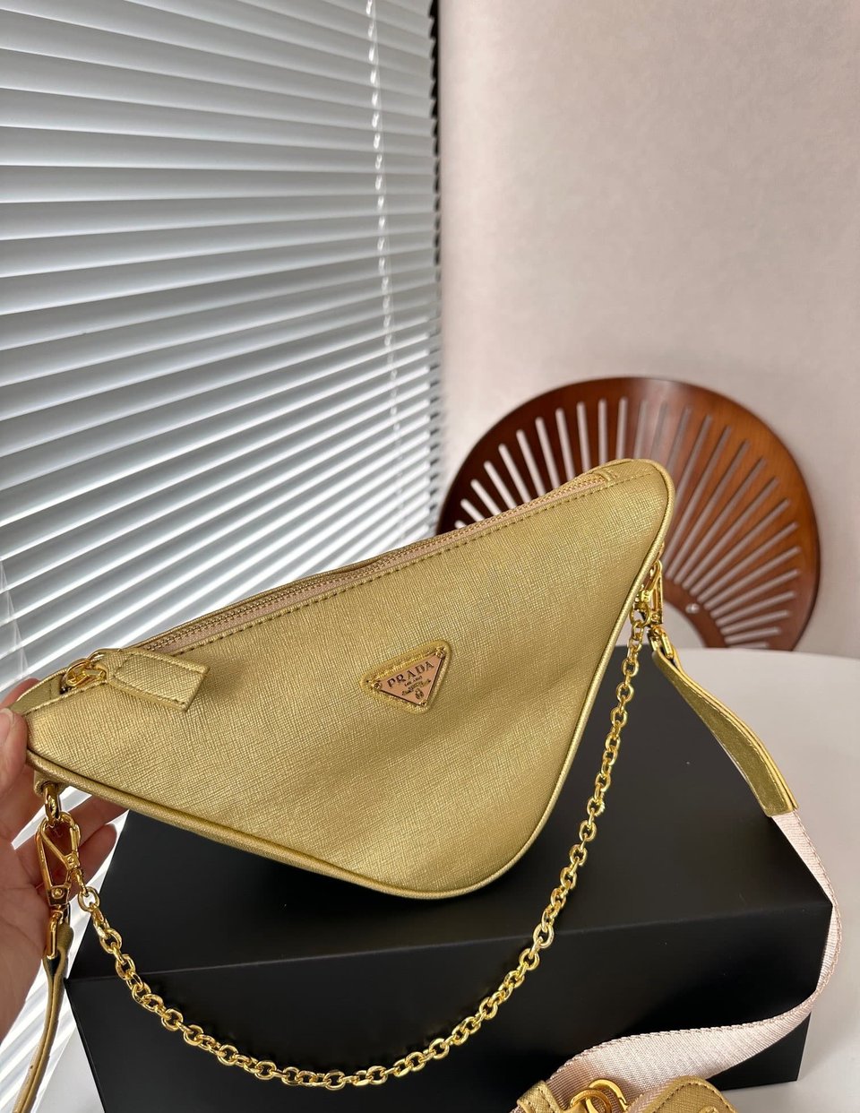 Prada Triangle Saffiano Leather Shoulder Bag Gold 28Cm view 10