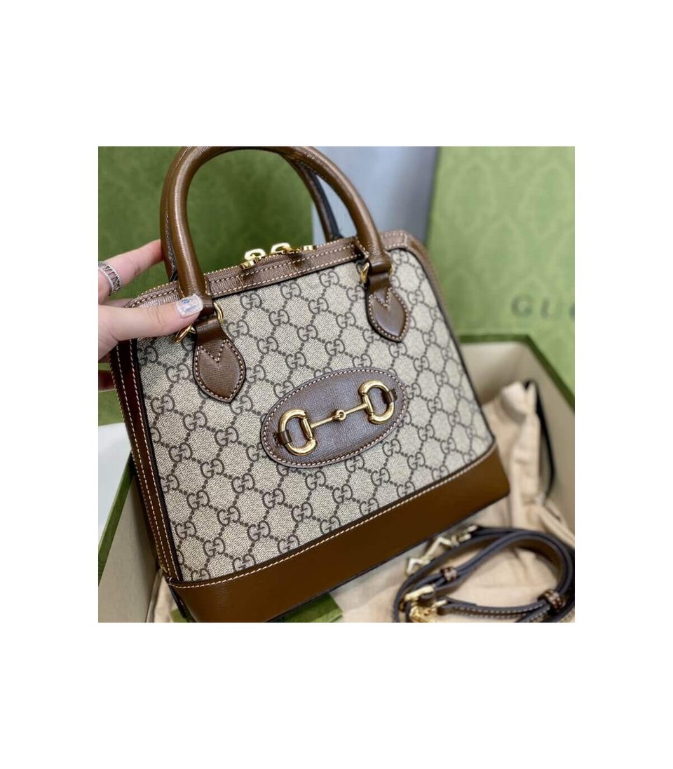 Gucci 1955 Horsebit mall Top Handle Bag In Brown GG Supreme Canvas view 9