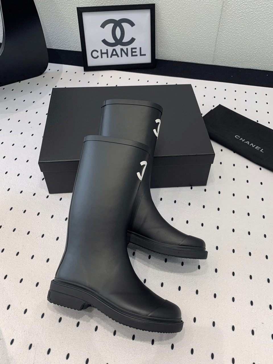 Chanel CC Logo Rain Boots Black Rubber Heel 47cm view 8