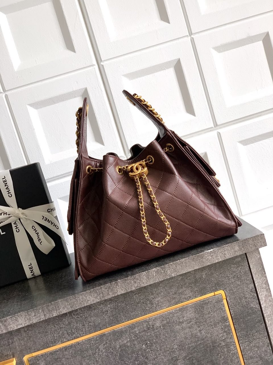 Chanel 25 Small Size Handbag Calfskin With Grain Effect &amp; Gold Metallic Brown 30cm/11.8in AS5293 view 3