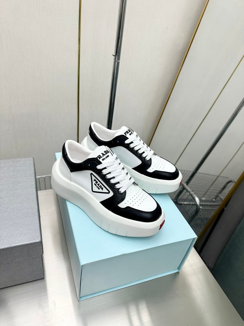 Prada Leather Platform Sneakers White And Black view 7