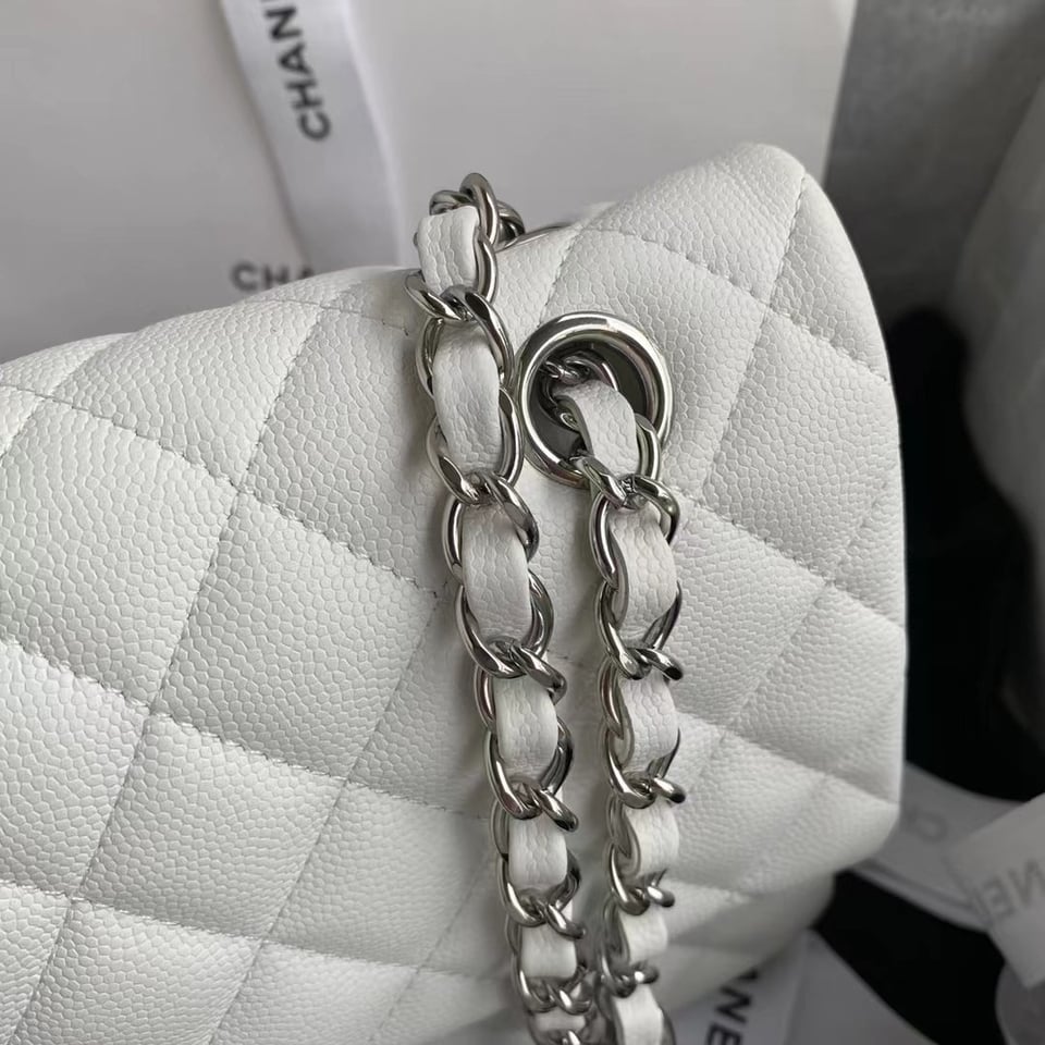 Chanel Classic Double Flap Bag White Silver Hardware 25Cm/10in view 7