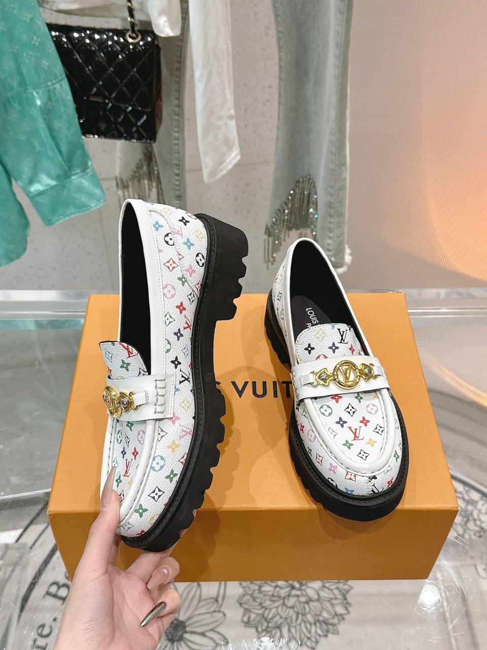Louis Vuitton LV Monogram Multicolor White Loafers – Women’s Shoes view 7