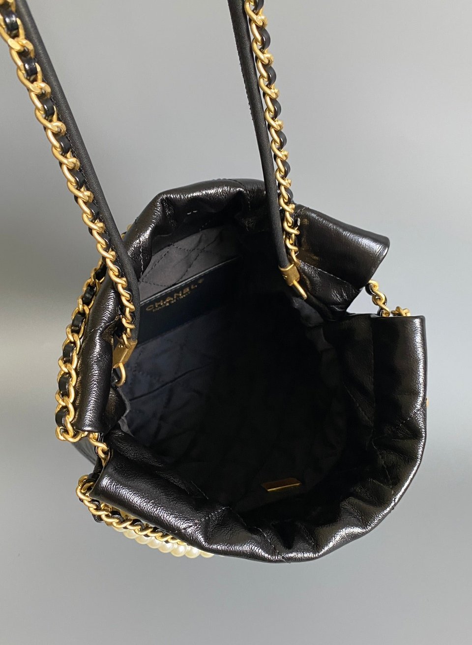 Chanel Hobo Mini 20Cm Black Lambskin Pearl Chain Ghw view 10