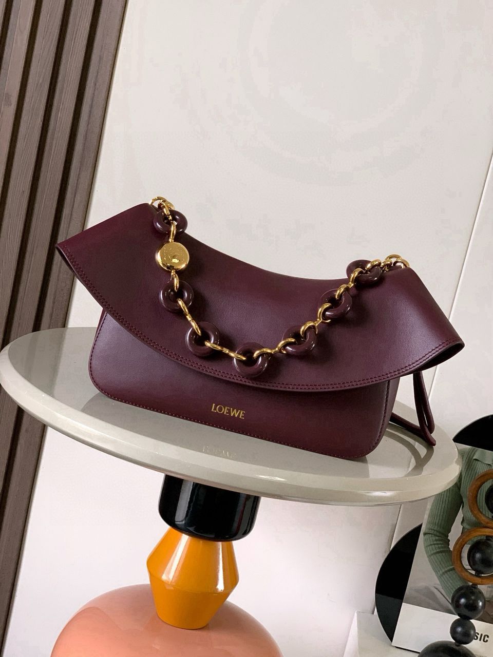 LOEWE Burgundy Medium Leather Ola Shoulder Bag view 3