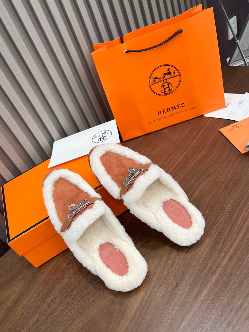 Hermes Oz Mule Shearling Brown White view 4