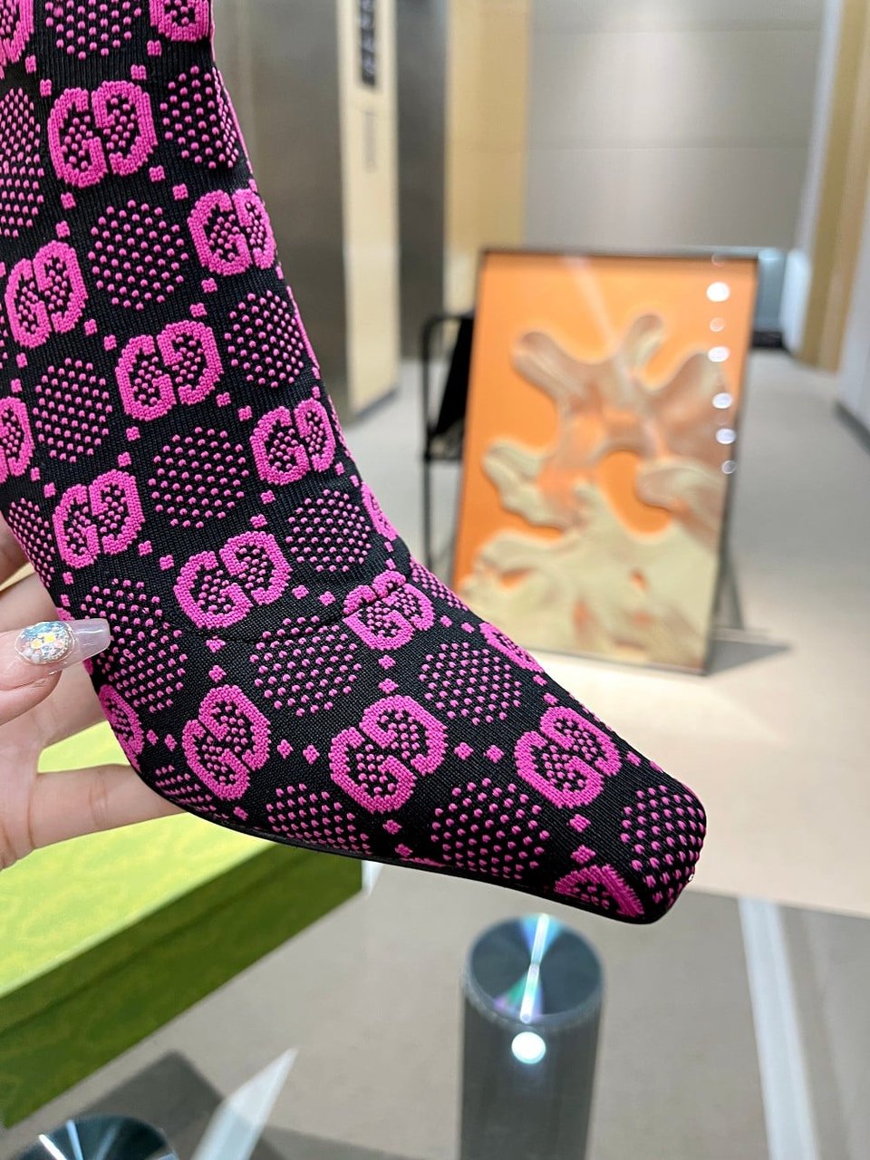 Gucci Gg 75Mm Knit Ankle Boots Black Fluorescent Pink Fabric 718378 Faaqp 8610 view 9