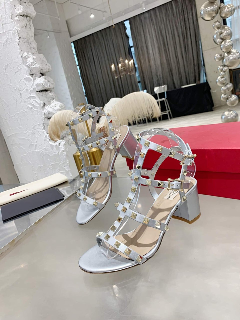 Valentino Garavani Rockstud Leather Sandals Silver view 5
