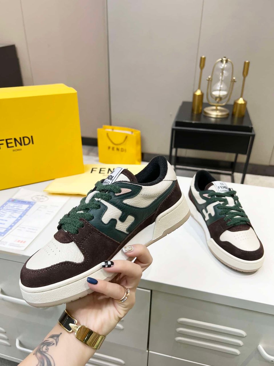 Fendi Match Low Tops Suede Black Green Shoelace view 8