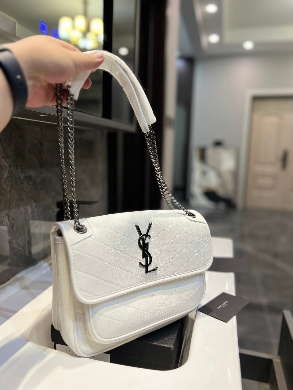 Saint Laurent Niki Baby Chain Bag In White view 3