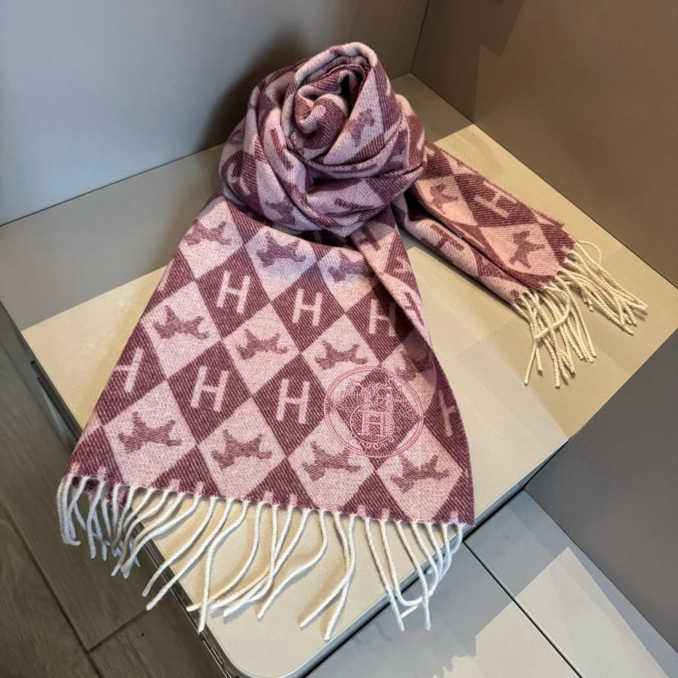 Hermes Diamond H Cashmere Scarf Burgundy For Women 180cm view 2