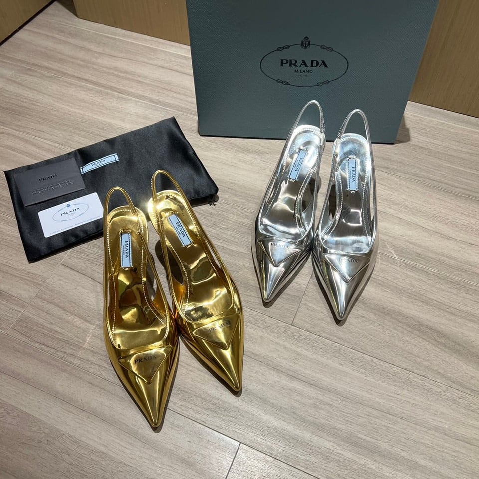 Prada Brushed Leather Slingback Pumps Silver view 3