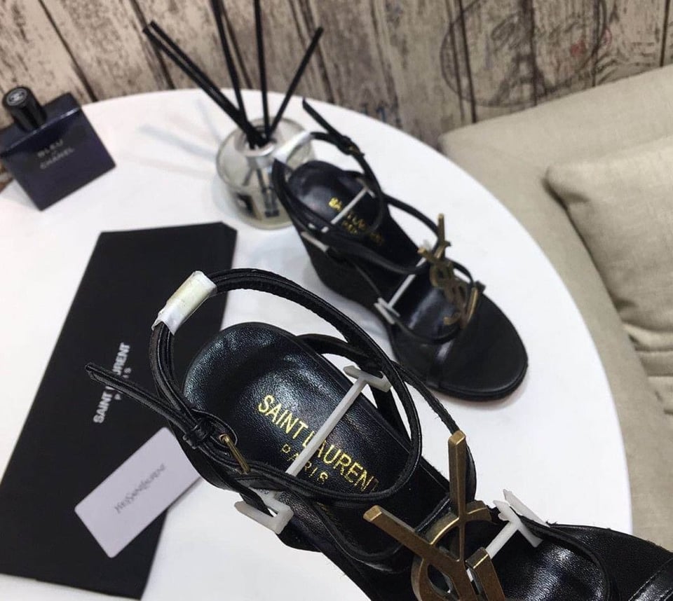 Saint Laurent Cassandra 115 Leather And Raffia Wedge Black Sandals view 5