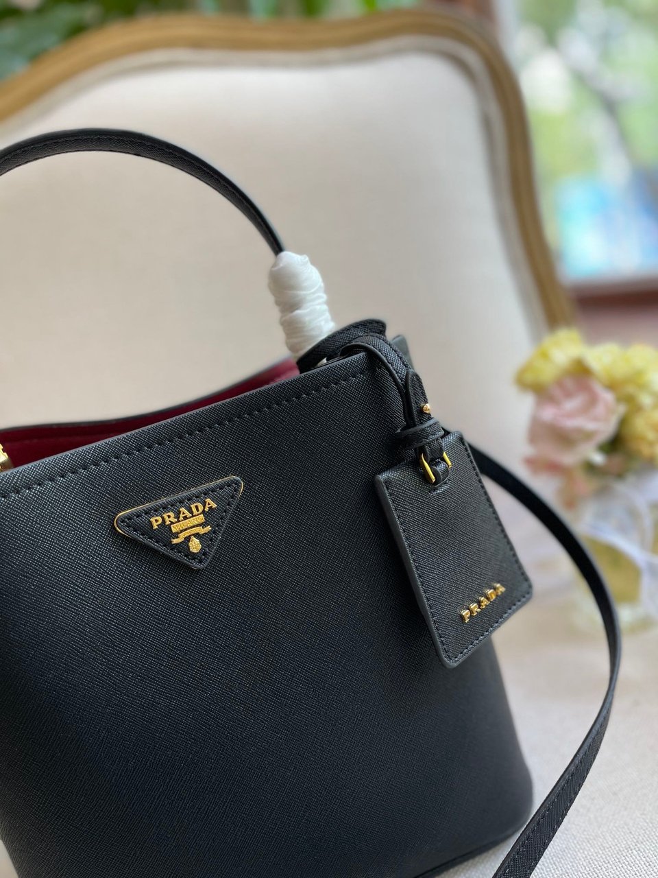 Prada Medium Saffiano Leather Panier Bag Black view 3