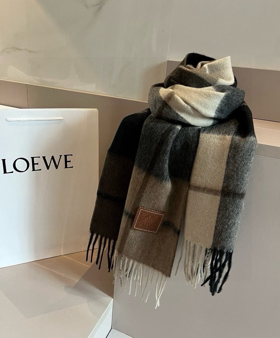Loewe Cashmere Scarf Check Black Beige For Women 180cm view 2