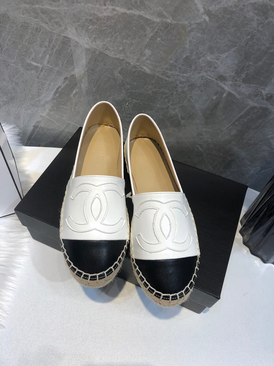Chanel Embroidered Espadrille Leather Black Cap Toe Flats White Cc view 6