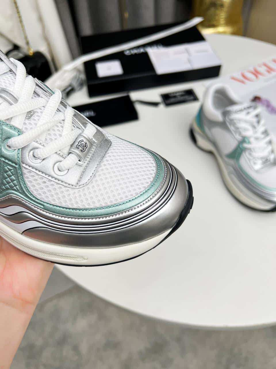 Chanel 23C Silver Metallic Cc Logo Lace Up Flat Runner Trainer Sneaker White Turquoise view 4