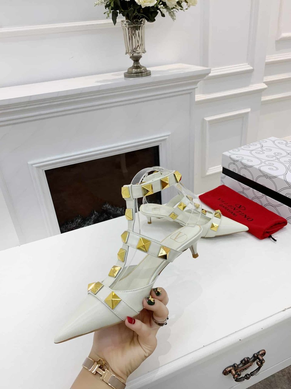 Valentino Garavani Roman Stud Kitten Heel Pumps White view 6