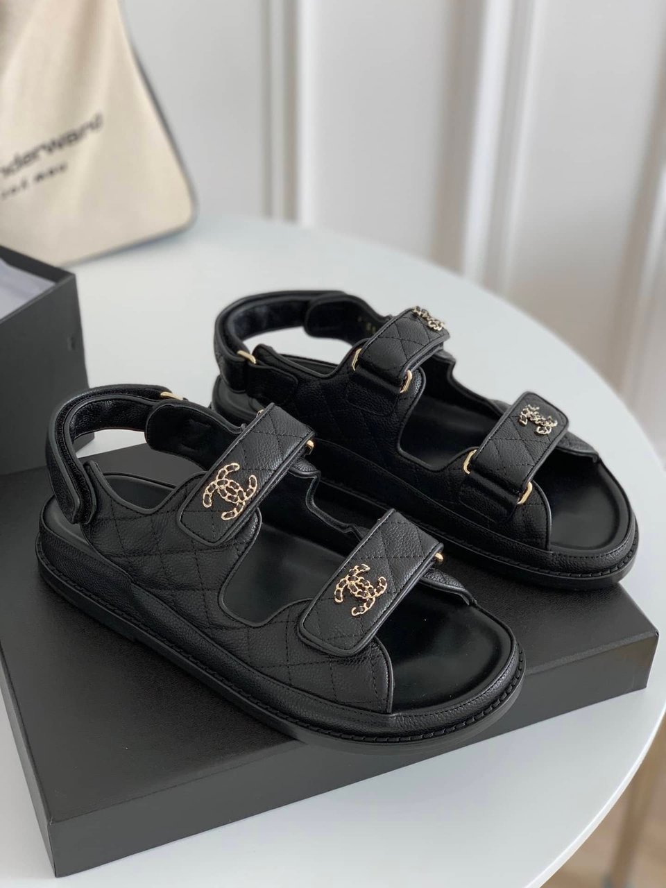 Chanel Cc Button Velcro Black Sandals Grained Calfskin Leather view 8