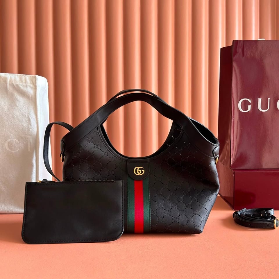 Gucci Giglio Small Tote Bag 25cm/9.8in Black GG Leather 860845 view 2