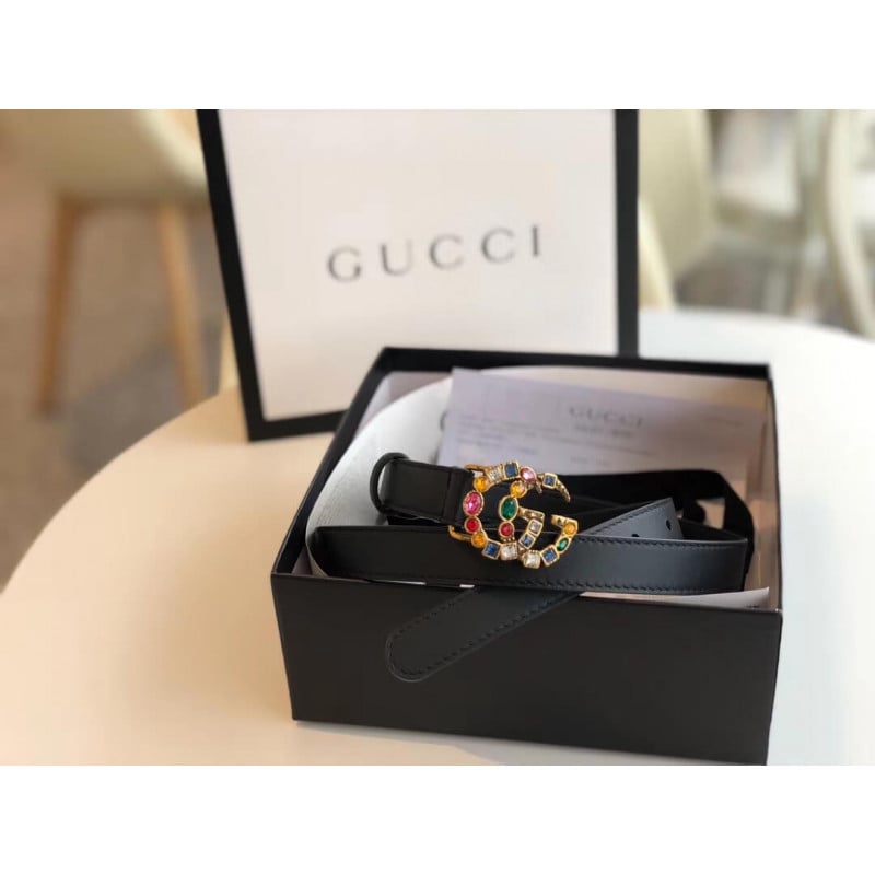 Gucci 20mm Leather Belt With Crystal Double G Buckle 513183 view 4