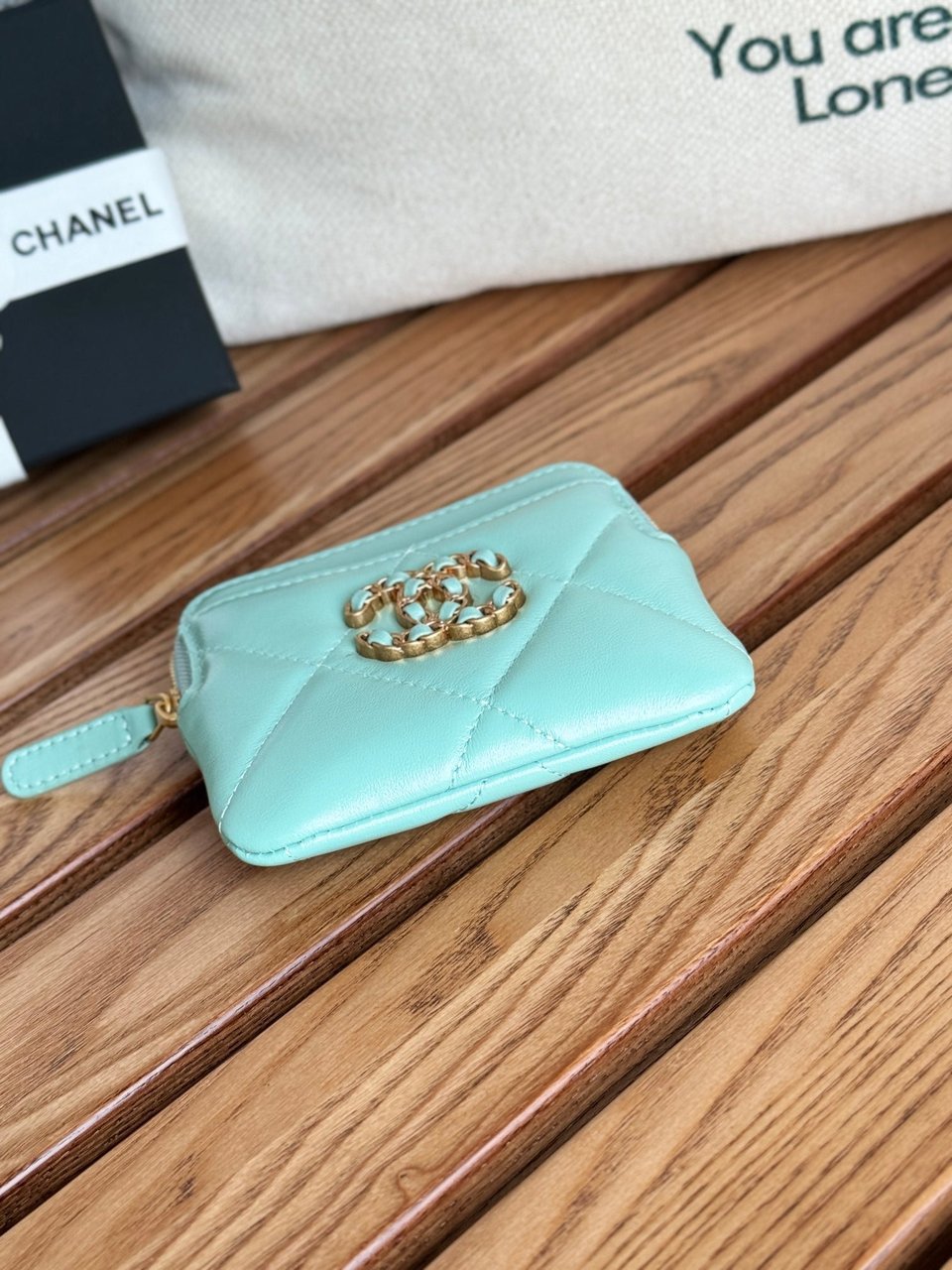 Chanel 19 Zipped Coin Purse 11Cm Turquoise Blue Lambskin Gold Hardware view 9