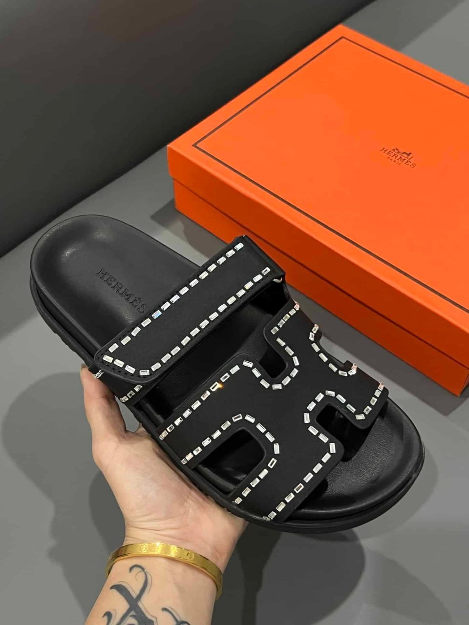 Hermes Chypre Sandal Suede Crystal Black view 7