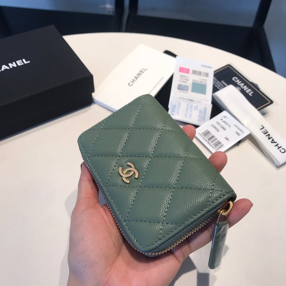 Chanel Zipped Coin Basic Purse 11 Turquoise Calfskin Gold Icon view 7