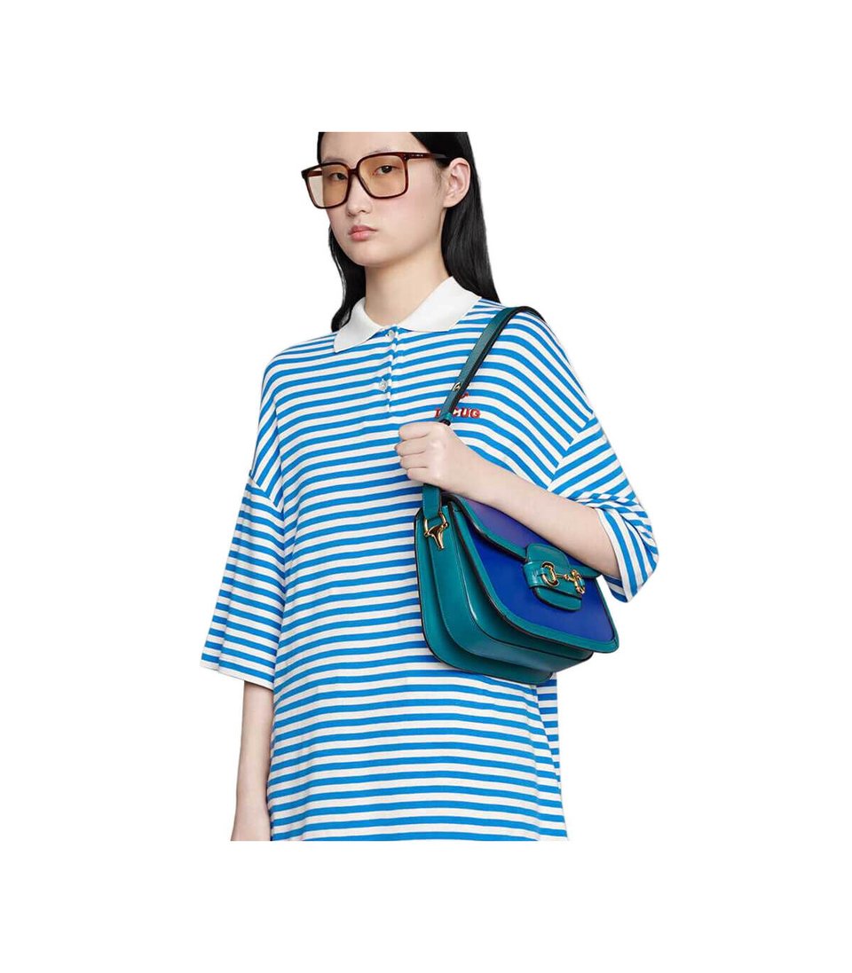 Gucci Horsebit 1955 Small Shoulder Bag Blue and Green Leather view 3