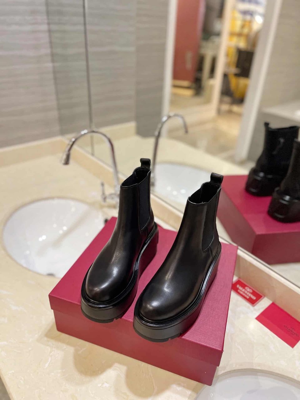 Valentino Garavani Uniqueform V Logo Leather Platform Boots Black view 9