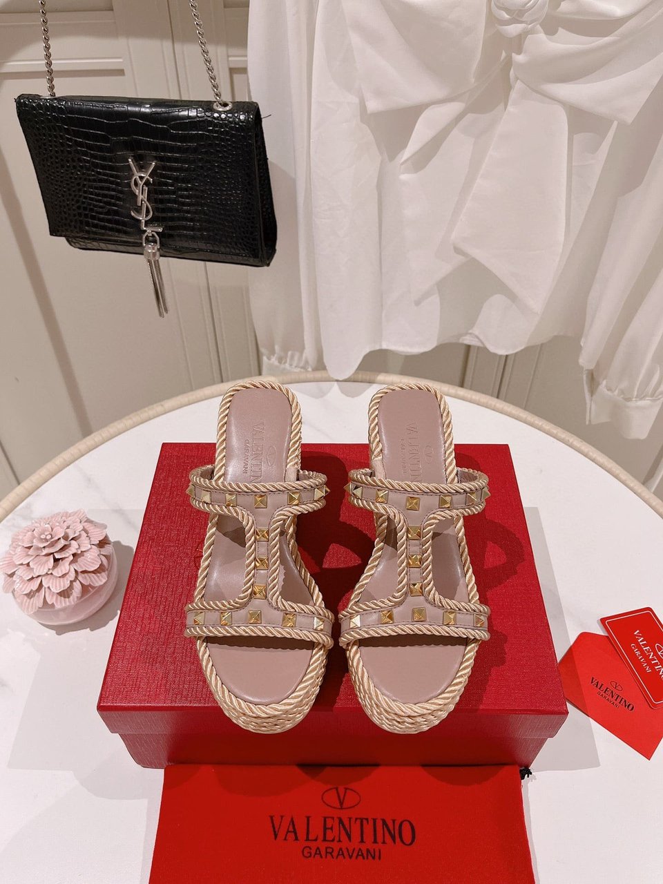Valentino Rockstud Wedge In Calfskin Beige view 4