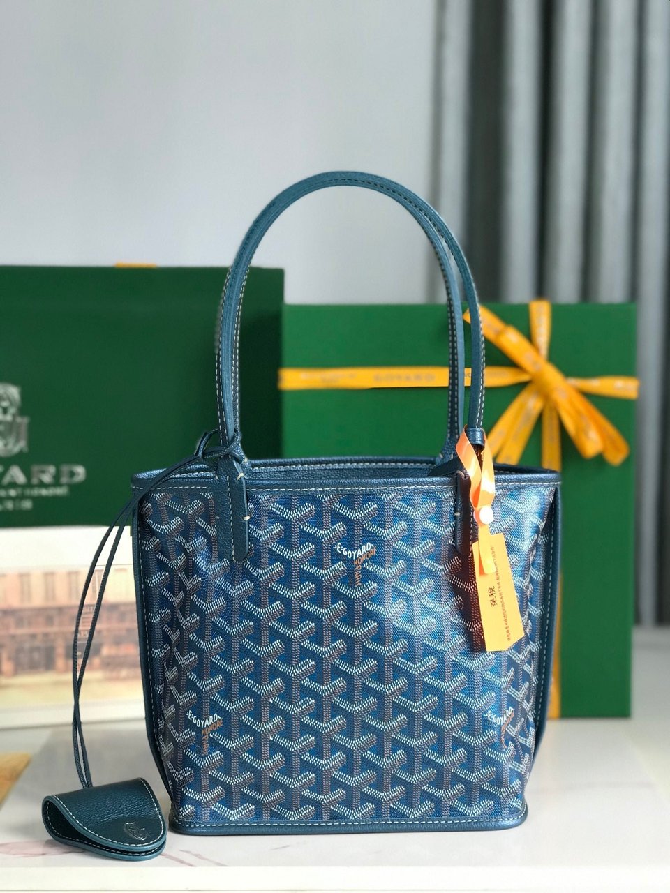 Goyard Anjou Mini Bag 20Cm Deep Blue Canvas Chevroches Calfskin view 9