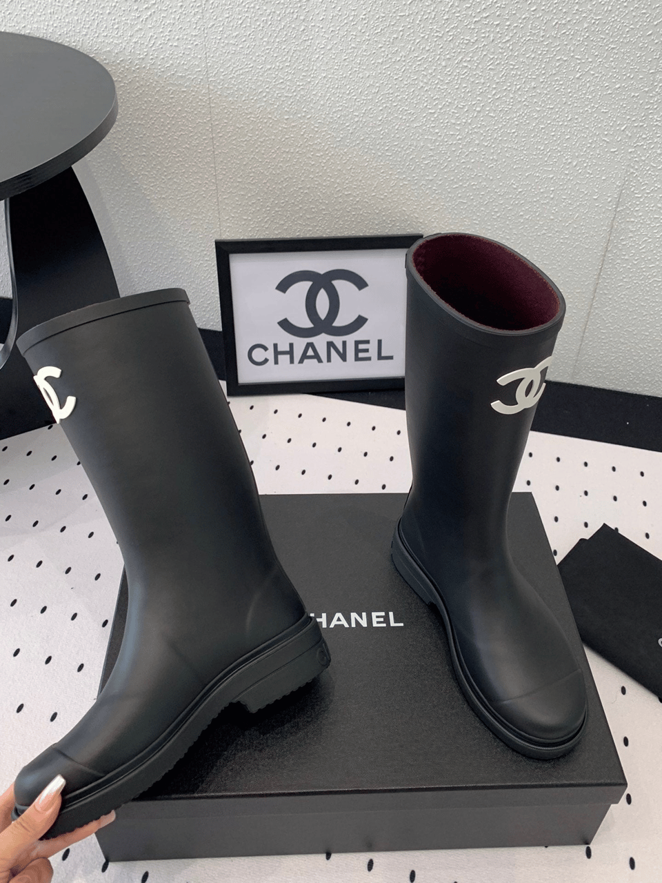 Chanel CC Logo Rain Boots Black Rubber Heel 47cm view 9