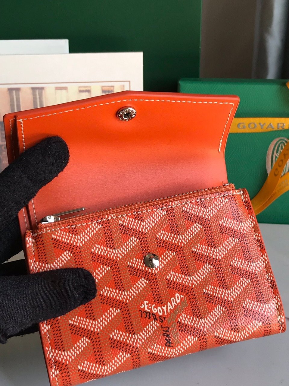 Goyard Saint-Gabriel Wallet 12 Cm Orange Calfskin And Goyardine Canvas 12cm view 9
