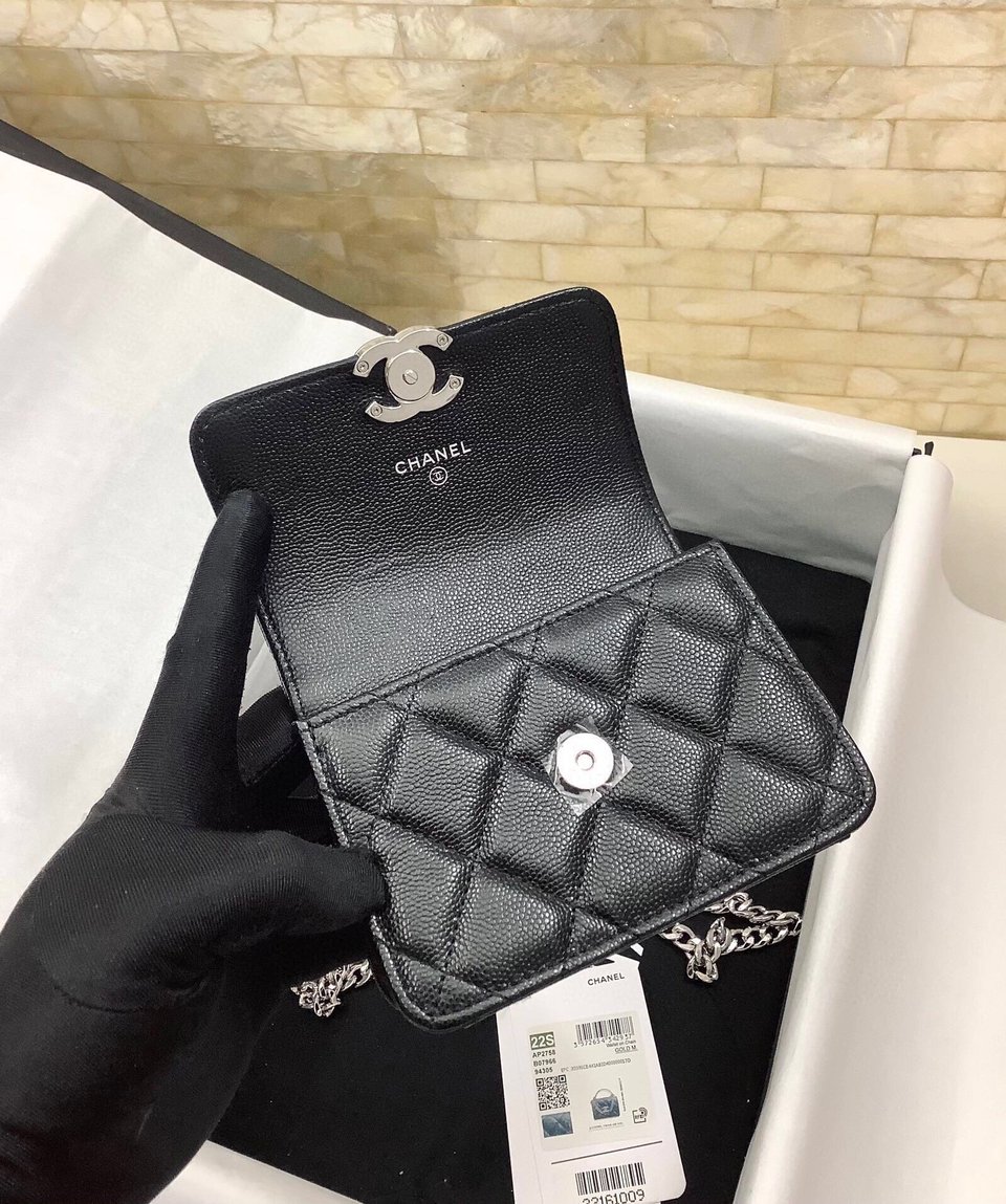 Chanel Mini Woc 13Cm With Top Handle Black Quilted Caviar Leather Silver Hardware view 5