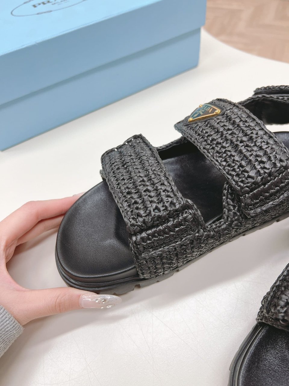 Prada Monolith Crochet Raffia Effect Sandals In Black view 5