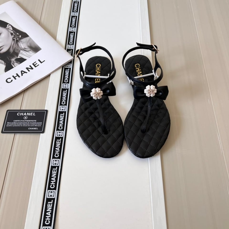 Chanel Black Quilted Leather With White Camellia Cc Logo Sandals G45258 X01000 94305 view 3