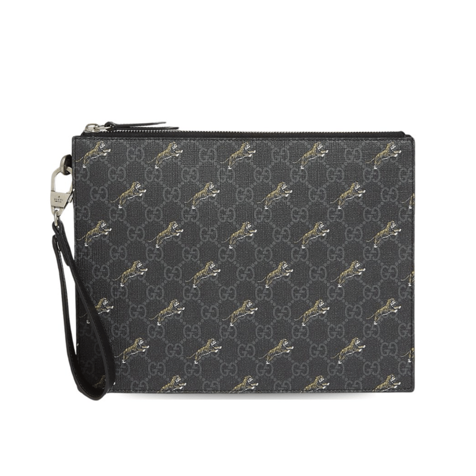 Gucci Tiger Print Pouch Light Grey Black 12in/31cm For Men