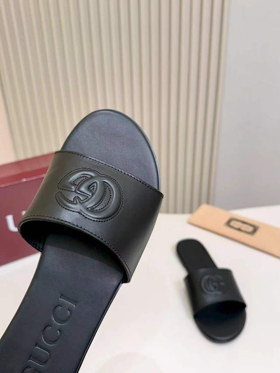 Gucci Slide Sandal With Double G Black Leather ‎874910 AAGT4 1000 For Women view 2