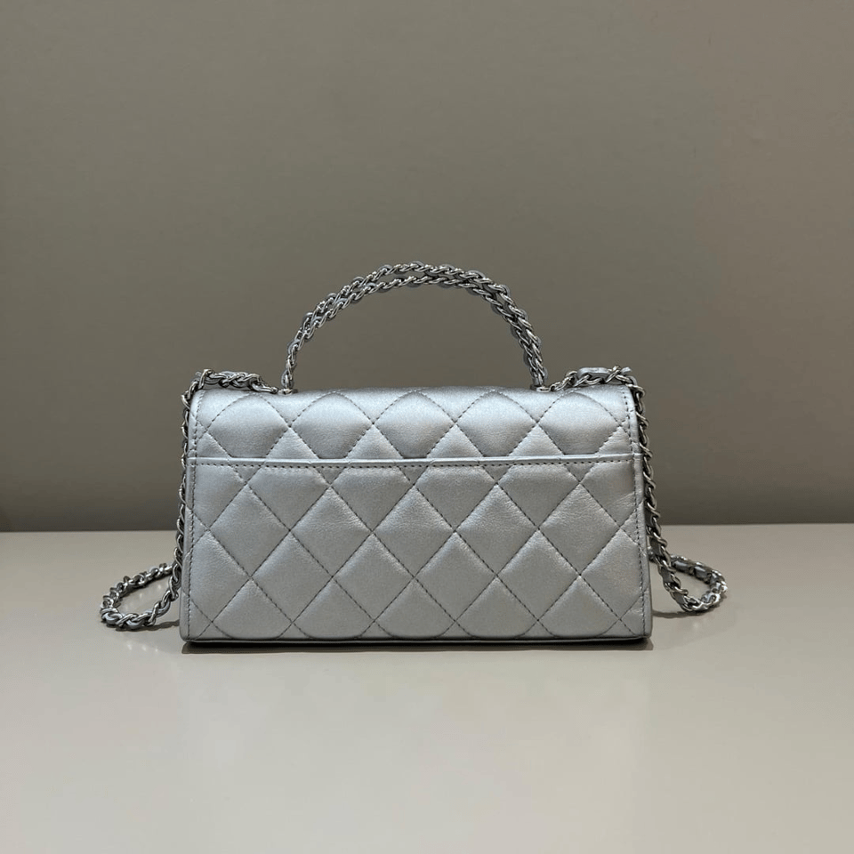 Chanel Lambskin Quilted Chain Top Handle Phone Holder With Chain Silver 18Cm view 4