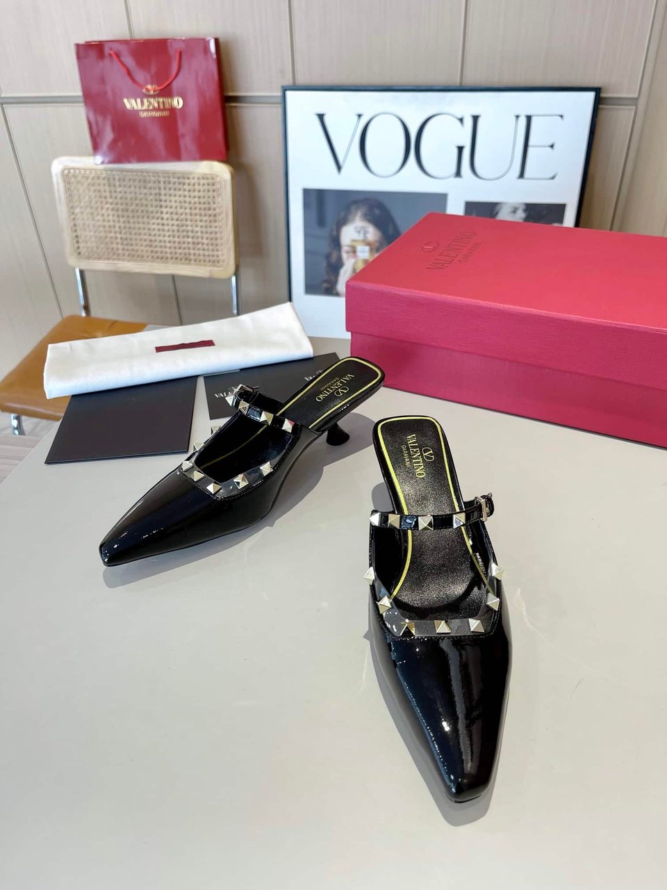 Valentino Garavani Rockstud Asymmetric Patent Leather Mules Black view 8